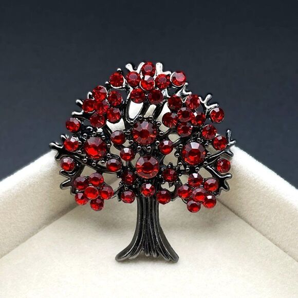 Gunmetal Gray with Dark Ruby Red Crystal Blooming Tree Pin Back Brooch - Picture 2 of 7